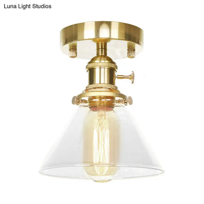 DecorBites™ DecorBites™ Industrial Brass Semi-Flush Light with Clear/Amber Glass for Living Room - One Light Cone Fixture