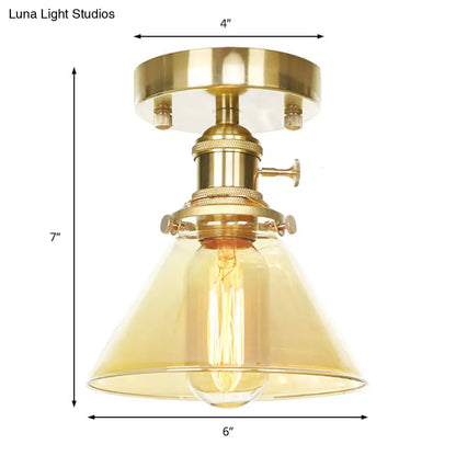 DecorBites™ DecorBites™ Industrial Brass Semi-Flush Light with Clear/Amber Glass for Living Room - One Light Cone Fixture