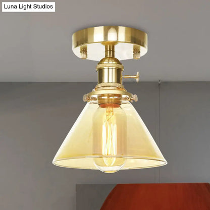 DecorBites™ DecorBites™ Industrial Brass Semi-Flush Light with Clear/Amber Glass for Living Room - One Light Cone Fixture