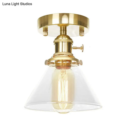 DecorBites™ DecorBites™ Industrial Brass Semi-Flush Light with Clear/Amber Glass for Living Room - One Light Cone Fixture