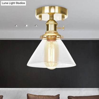 DecorBites™ DecorBites™ Industrial Brass Semi-Flush Light with Clear/Amber Glass for Living Room - One Light Cone Fixture