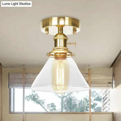 DecorBites™ DecorBites™ Industrial Brass Semi-Flush Light with Clear/Amber Glass for Living Room - One Light Cone Fixture