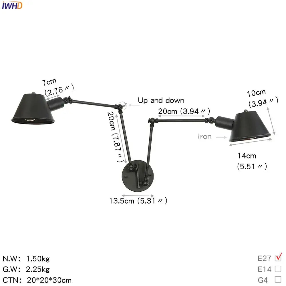 Black matte finished iron wall sconce with dual articulated arms and conical shades for decorbites industrial swing arm lighting