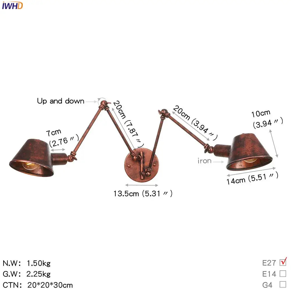 Copper-finished iron wall sconce with double-arm conical shades and industrial swing arm for bedroom reading decorbites industrial swing
