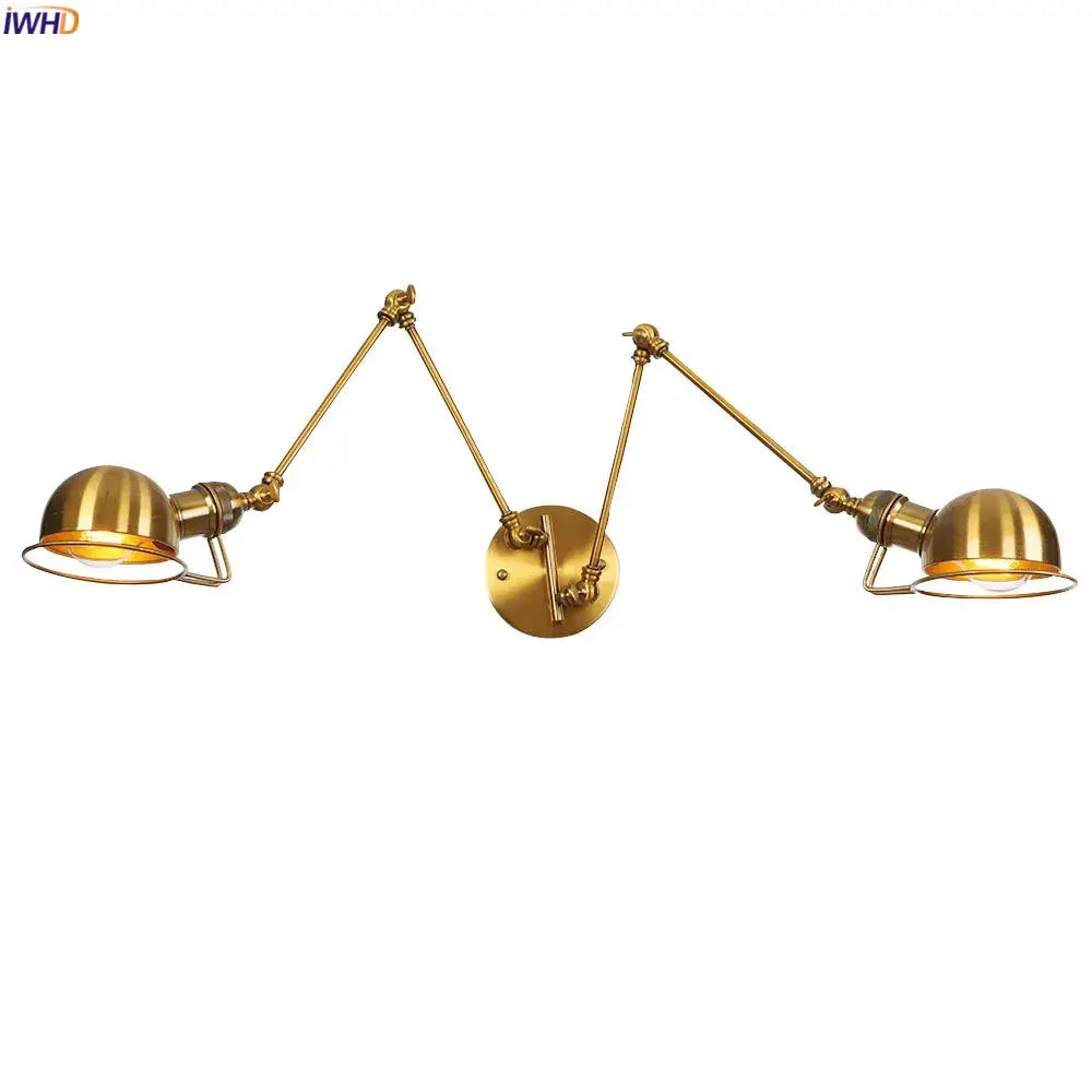 Brass-finished industrial swing arm wall sconce with double gooseneck arms and dome shades for bedroom reading use