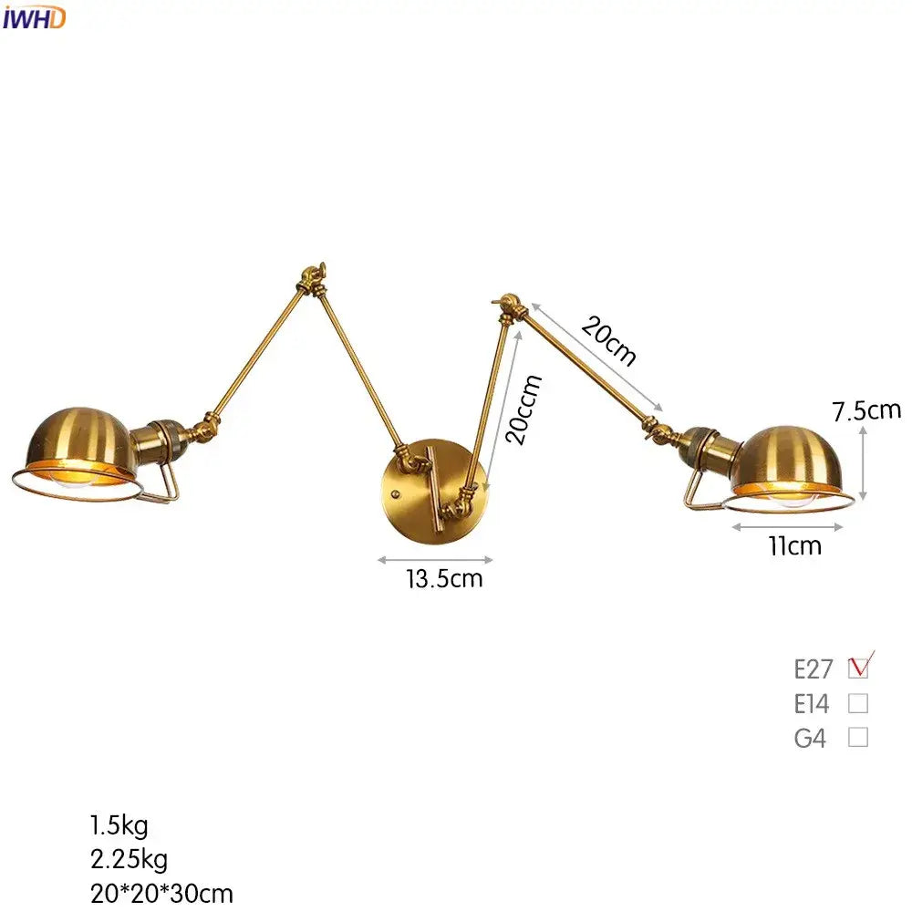 Brass-finished industrial swing arm wall sconce with two articulated arms and dome shades for bedroom reading lamp decorbites industrial swing