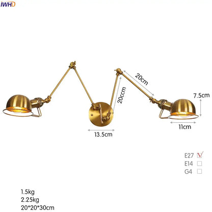 Brass-finished industrial swing arm wall sconce with two articulated arms and dome shades for bedroom reading lamp decorbites industrial swing