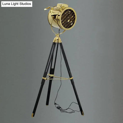 Gold-finished vintage style floor lamp with black wood tripod base and metal shade compatible with led incandescent fluorescent 220v-240v 110v-120v