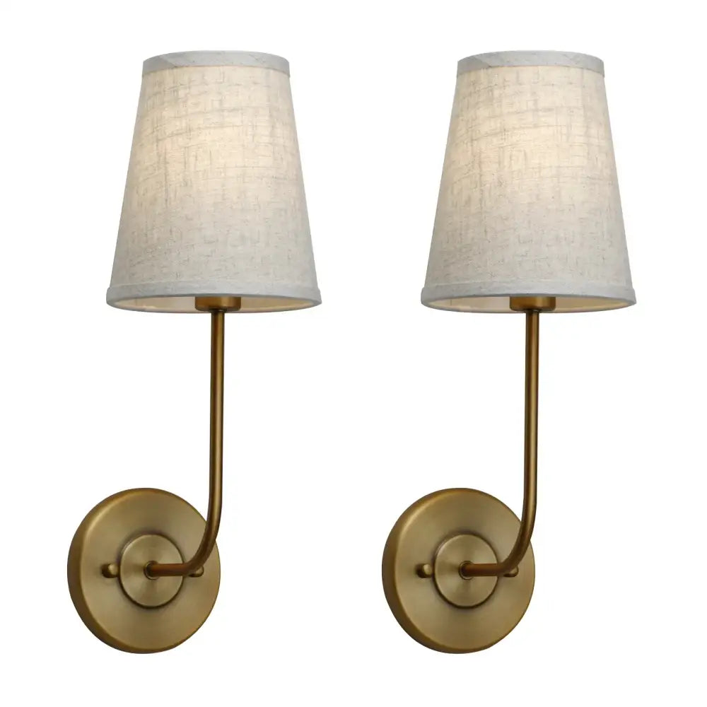 Pair of industrial brass wall lamp set with brass finish and off-white linen shades for bedroom reading light