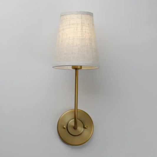 Industrial brass wall lamps set of 2 featuring slender stems and tapered linen shades for bedroom decorbites industrial wall