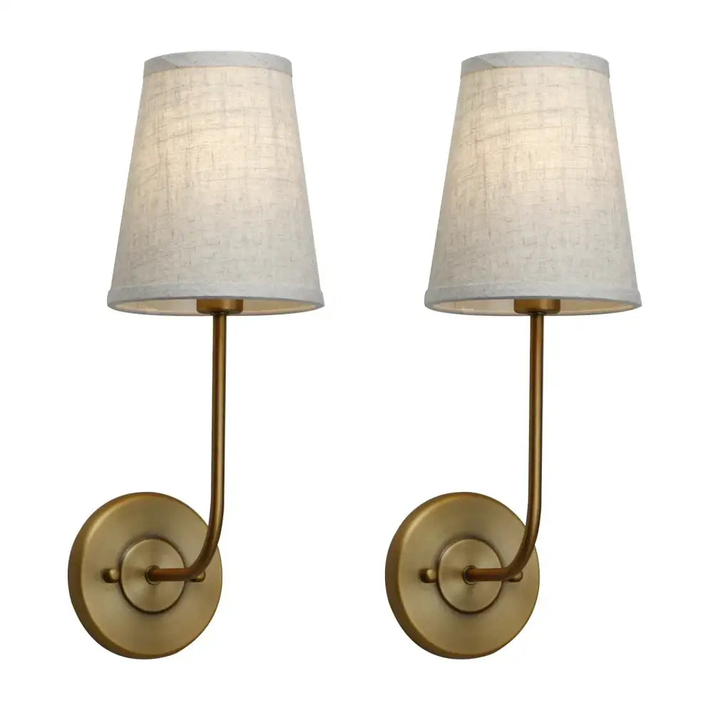 Pair of brass-finished industrial wall lamps with tapered off-white linen shades for bedroom decorbites industrial wall lamps