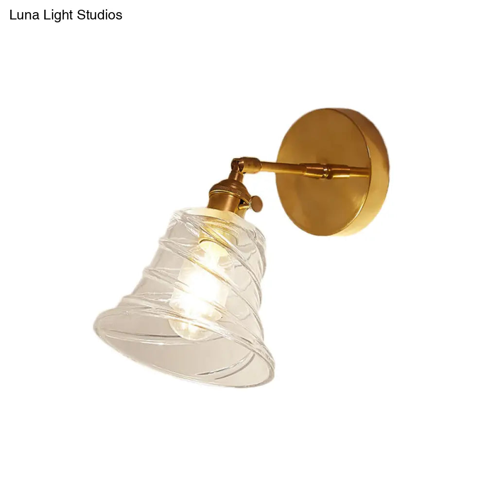 DecorBites™ DecorBites™ Industrial Brass Wall Sconce Lamp - Flared Clear Swirl Glass - Bedroom Lighting