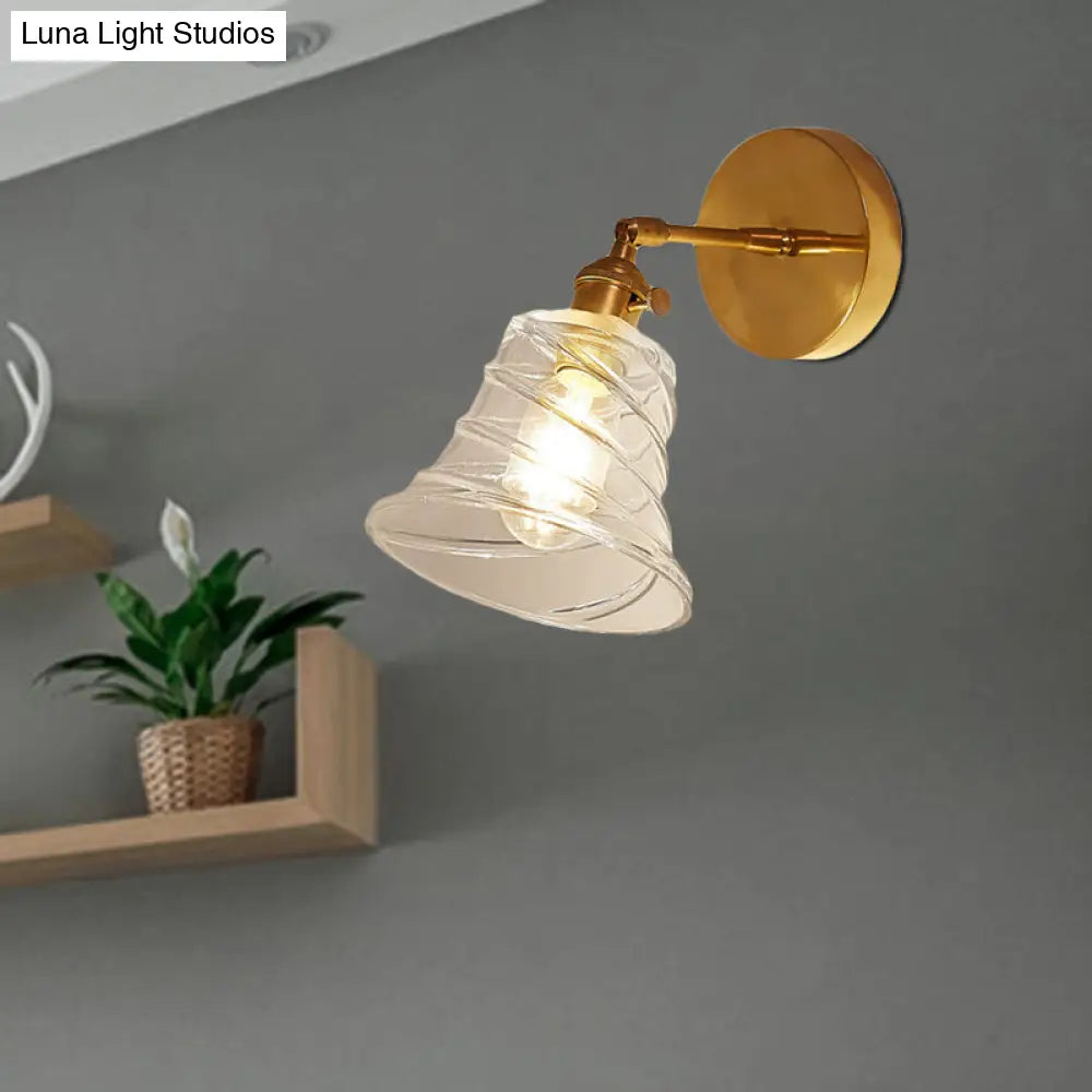 DecorBites™ DecorBites™ Industrial Brass Wall Sconce Lamp - Flared Clear Swirl Glass - Bedroom Lighting