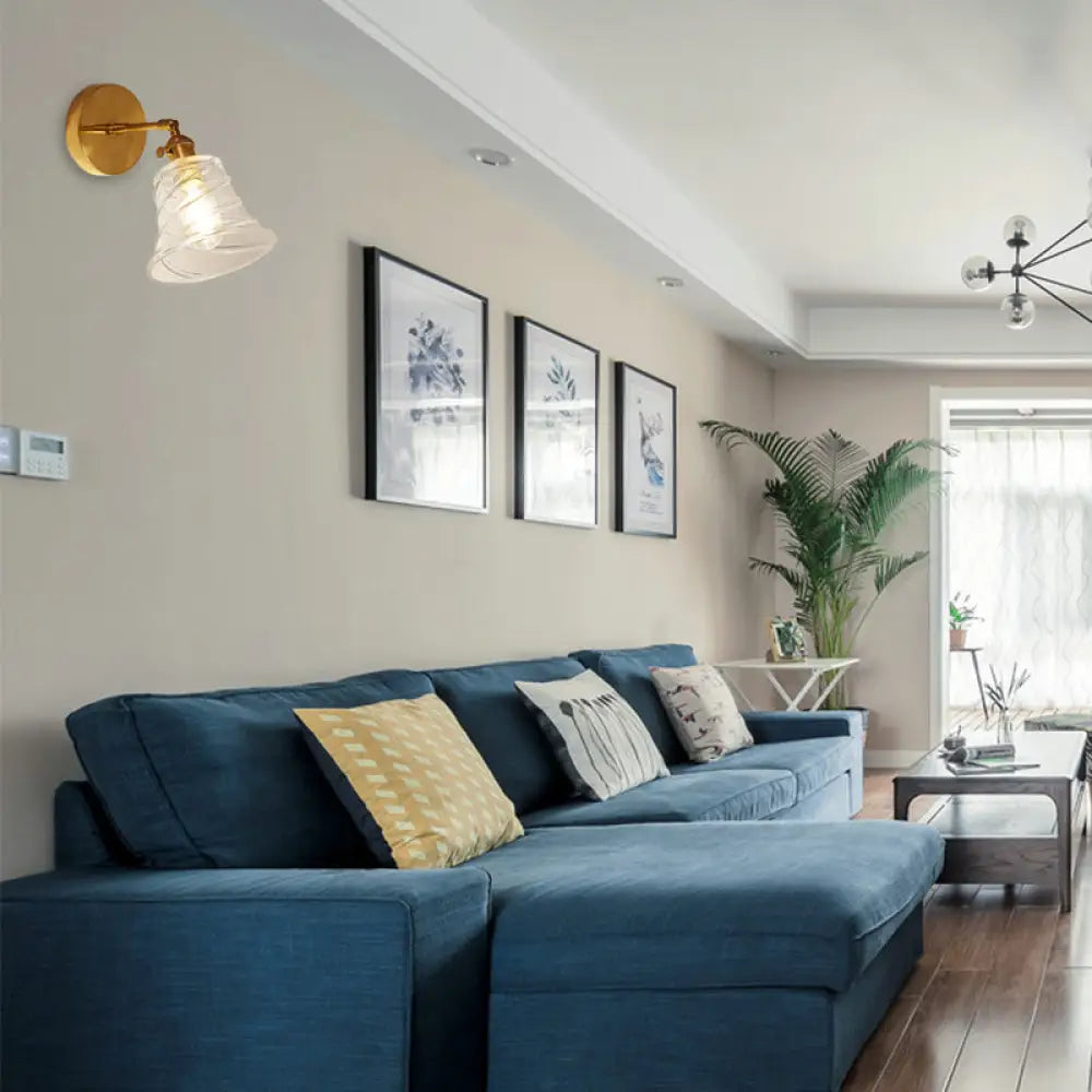 DecorBites™ DecorBites™ Industrial Brass Wall Sconce Lamp - Flared Clear Swirl Glass - Bedroom Lighting