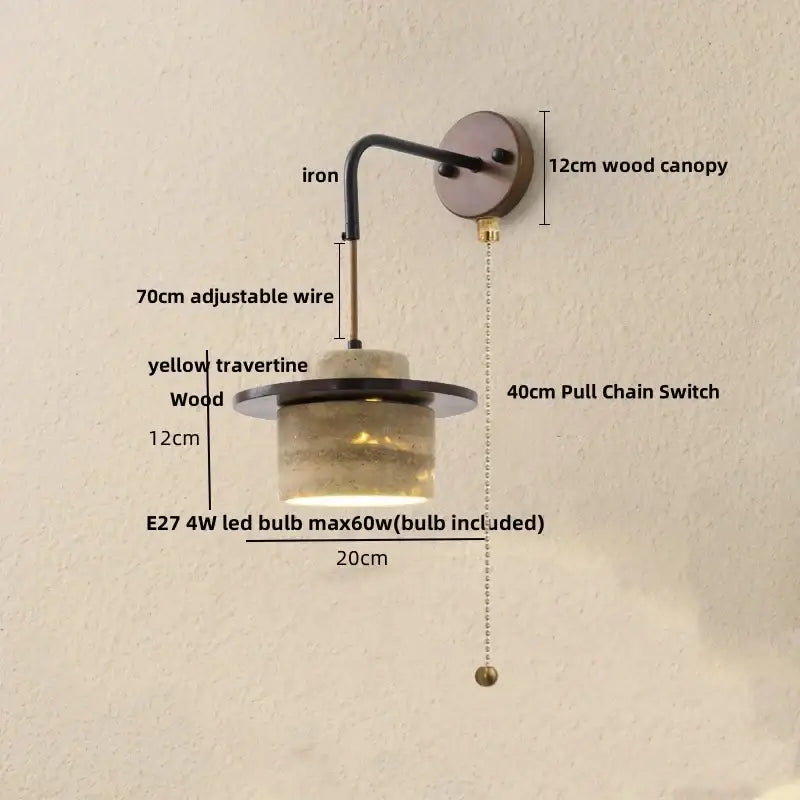 Industrial bronze and beige led wall light fixture with 12cm wood canopy and yellow travertine glass shade by decorbites led wall