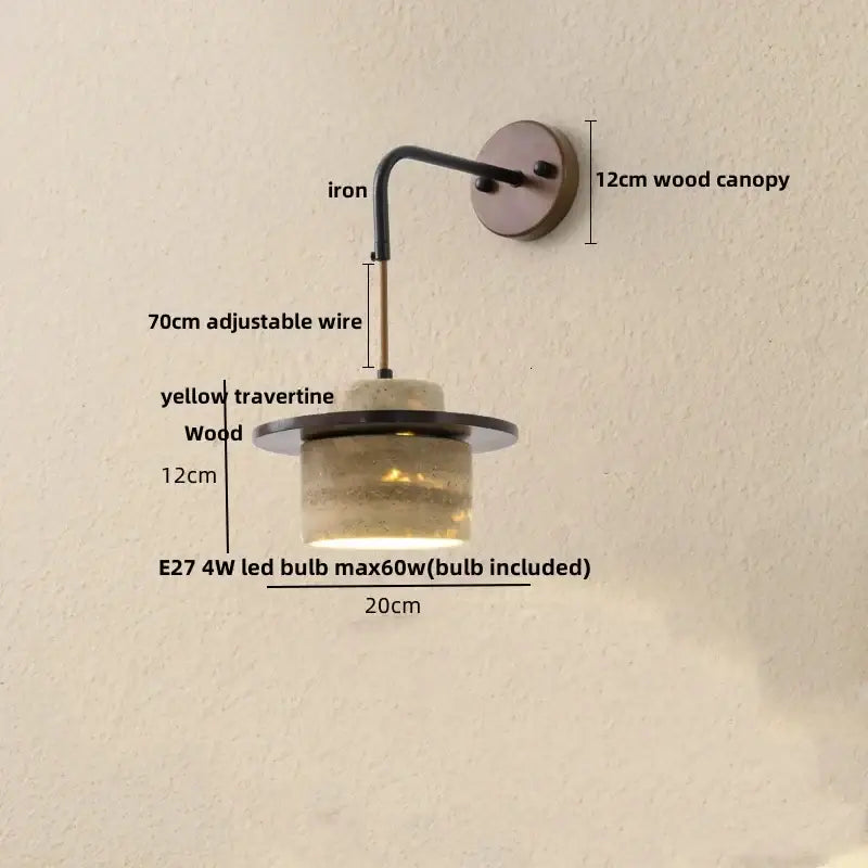 Industrial bronze and beige led wall light fixture with wood canopy and yellow travertine shade for bedroom decorbites led wall