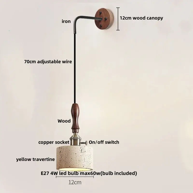 Industrial bronze and beige led wall light fixture with 12cm wood canopy and yellow travertine shade decorbites led wall