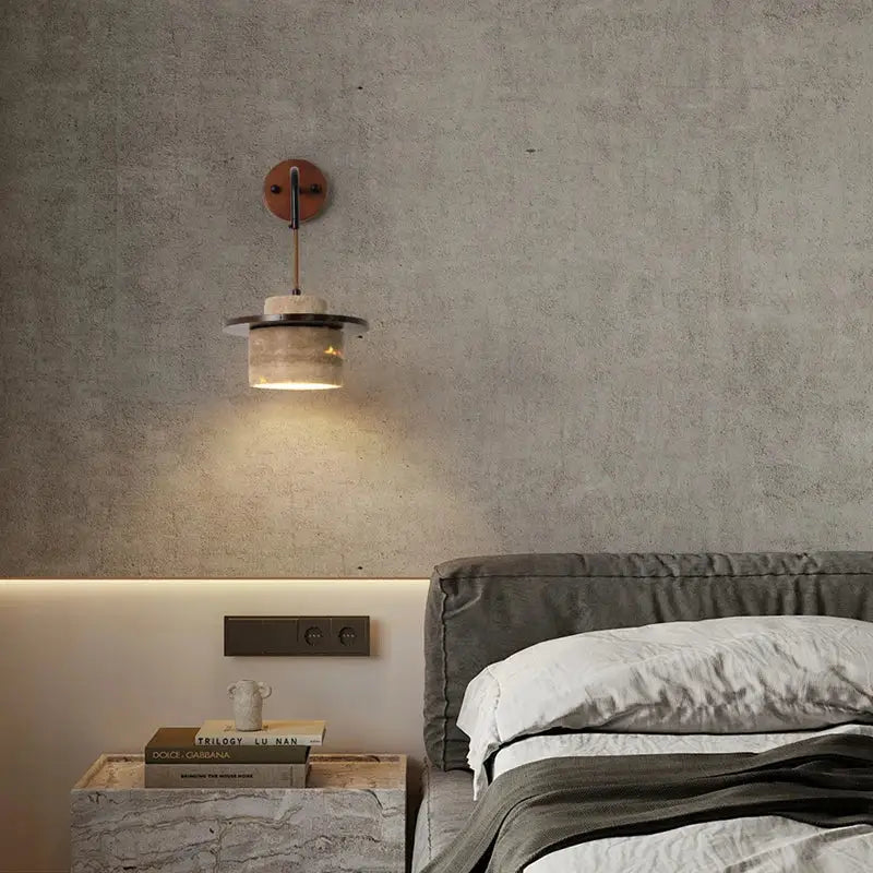 Industrial bronze and beige led wall light fixture with rustic copper base and warm circular decorbites led wall sconce