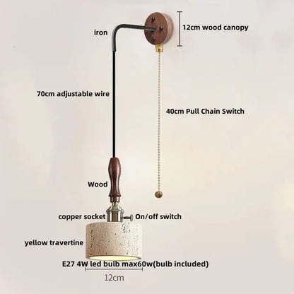 Industrial bronze and beige led wall light fixture with wood canopy iron arm and yellow travertine shade for bedroom decorbites led wall