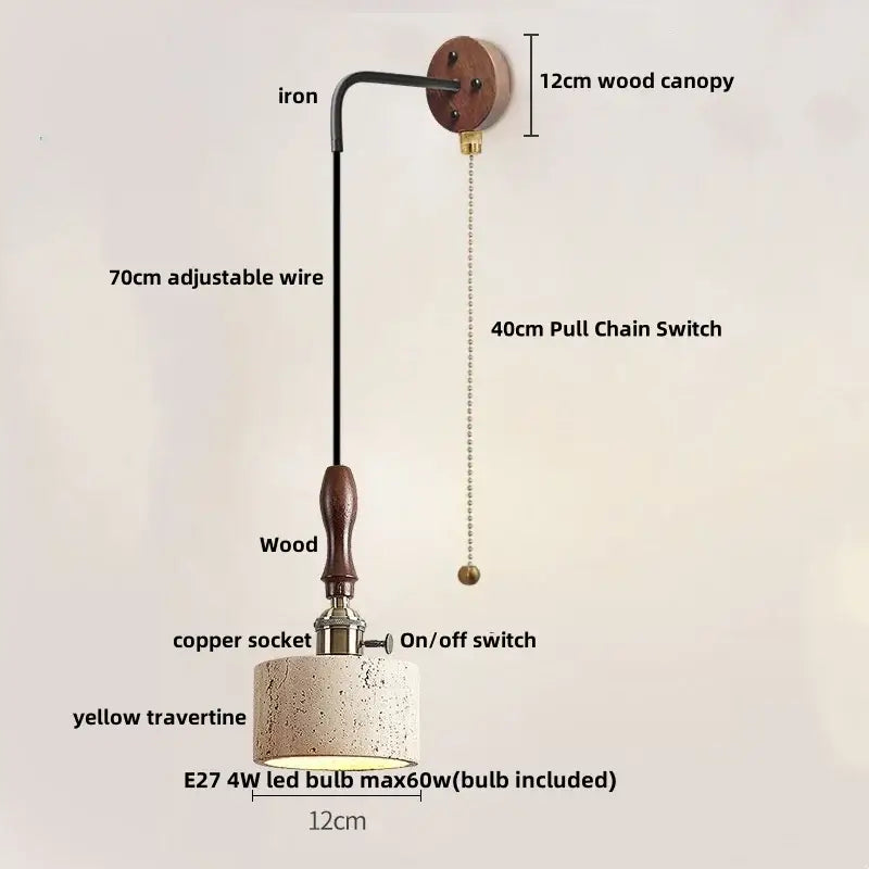 Industrial bronze and beige led wall light fixture with wood canopy iron arm and yellow travertine shade for bedroom decorbites led wall