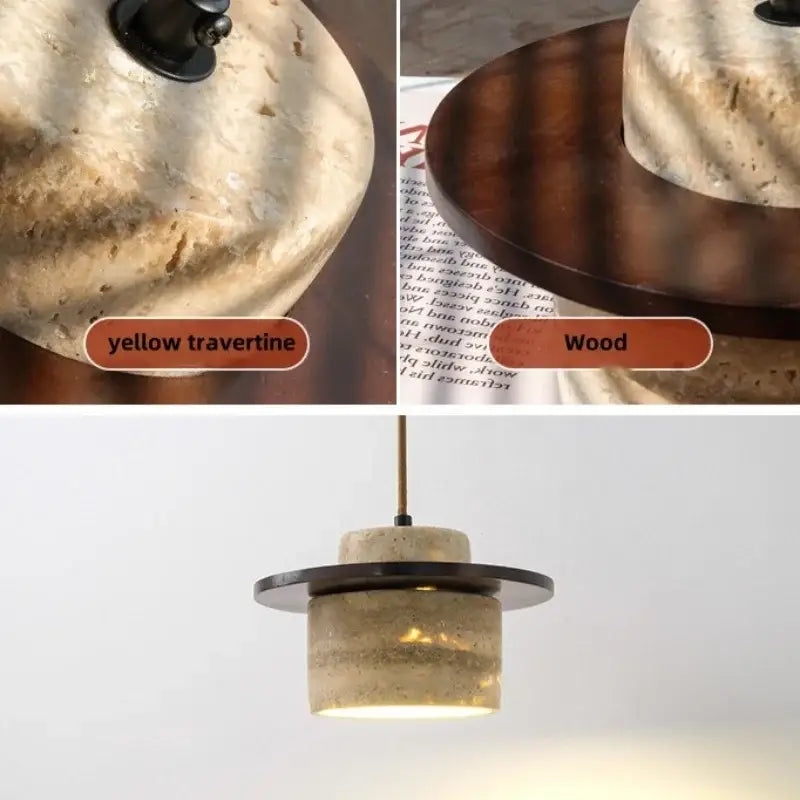 A modern led wall light fixture with a cylindrical yellow travertine body and dark metal ring for bedroom decorbites led wall