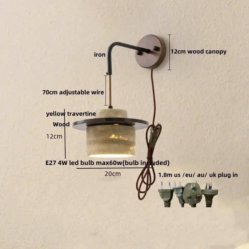 Industrial bronze and beige decorbites led wall light fixture with rustic iron arm and yellow travertine wooden base