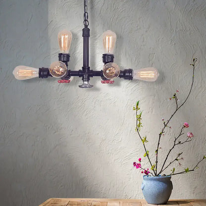 Decorbites vintage style island pendant light with bronze black metal bare bulb chandelier and red valve accents for living room