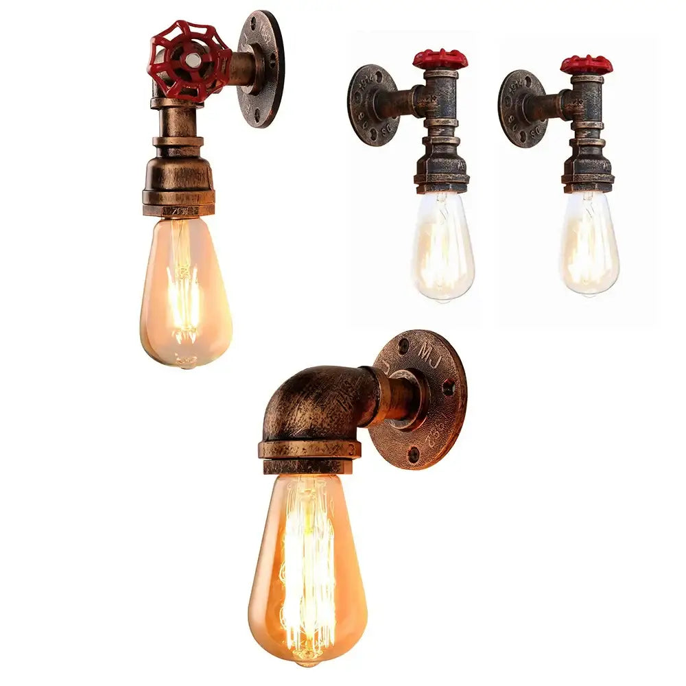 Industrial bronze and black water pipe wall lamp with brass fittings and red valve handles for bedroom sconce lighting