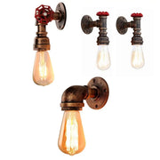 Industrial bronze and black water pipe wall lamp with brass fittings and red valve handles for bedroom sconce lighting