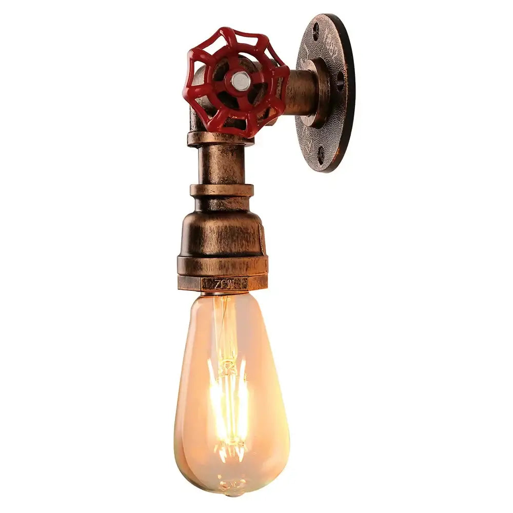 Industrial bronze and black wall lamp with industrial water pipe design brass pipes red valve handle and exposed bulb