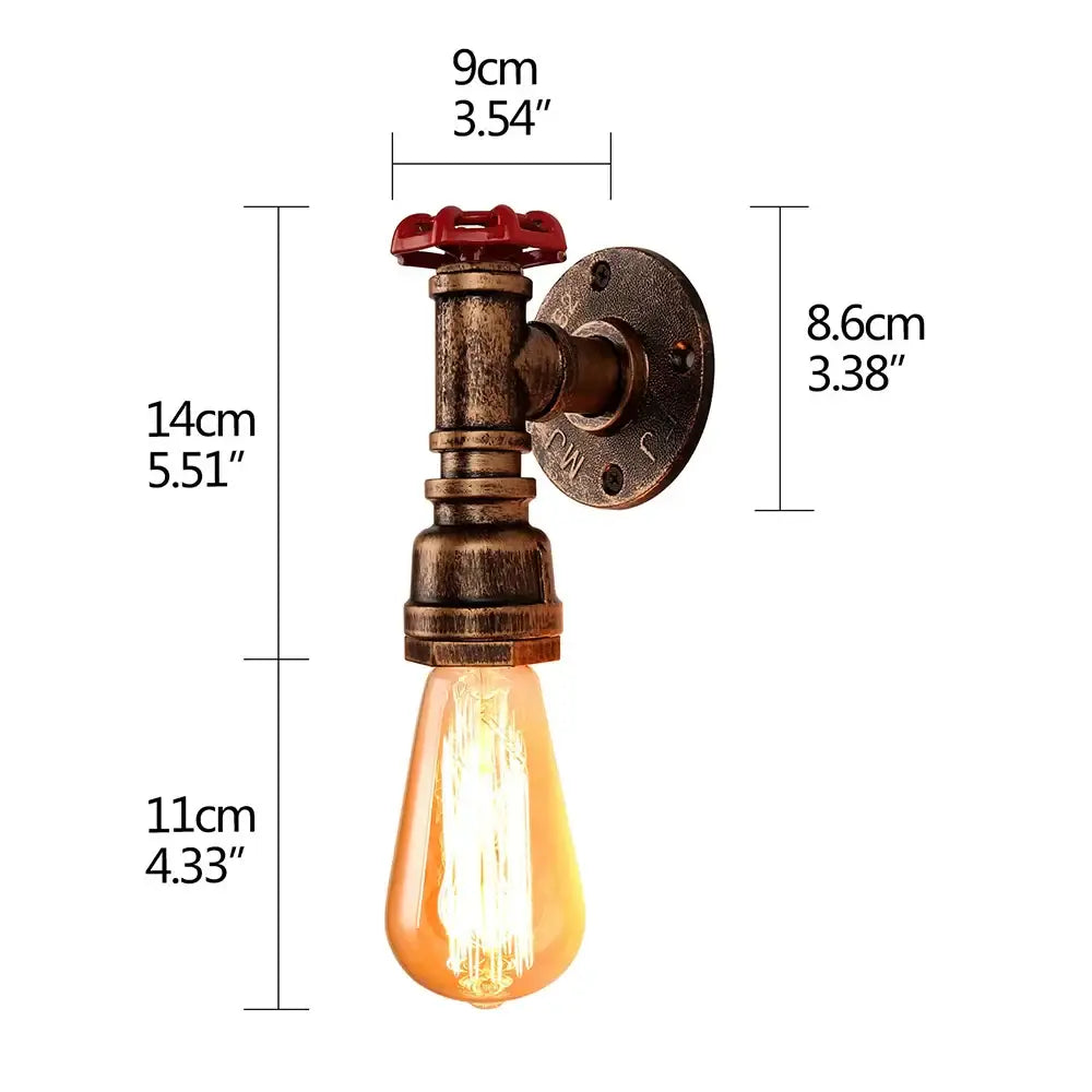 Industrial bronze and black wall lamp with brass-finished industrial water pipe design and red valve handle for bedroom