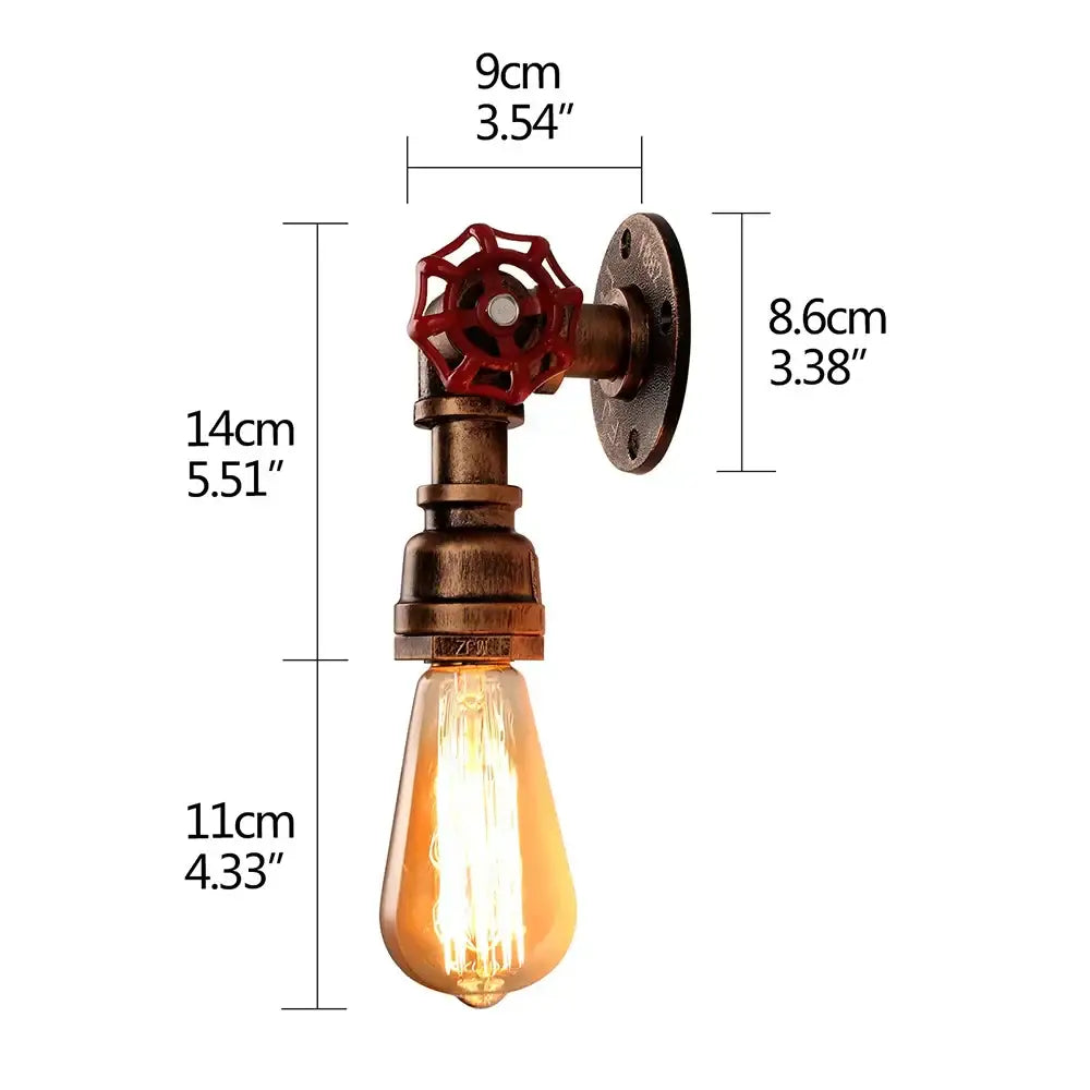 Industrial bronze and black wall lamp with red valve handle brass pipe components and exposed filament bulb for bedroom use