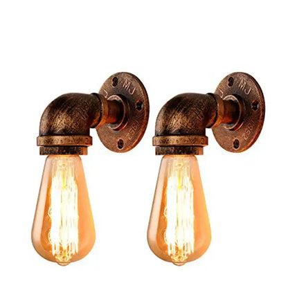 Industrial bronze and black wall lamp with warm filament bulbs and brass-finished industrial water pipe fixtures for bedroom use