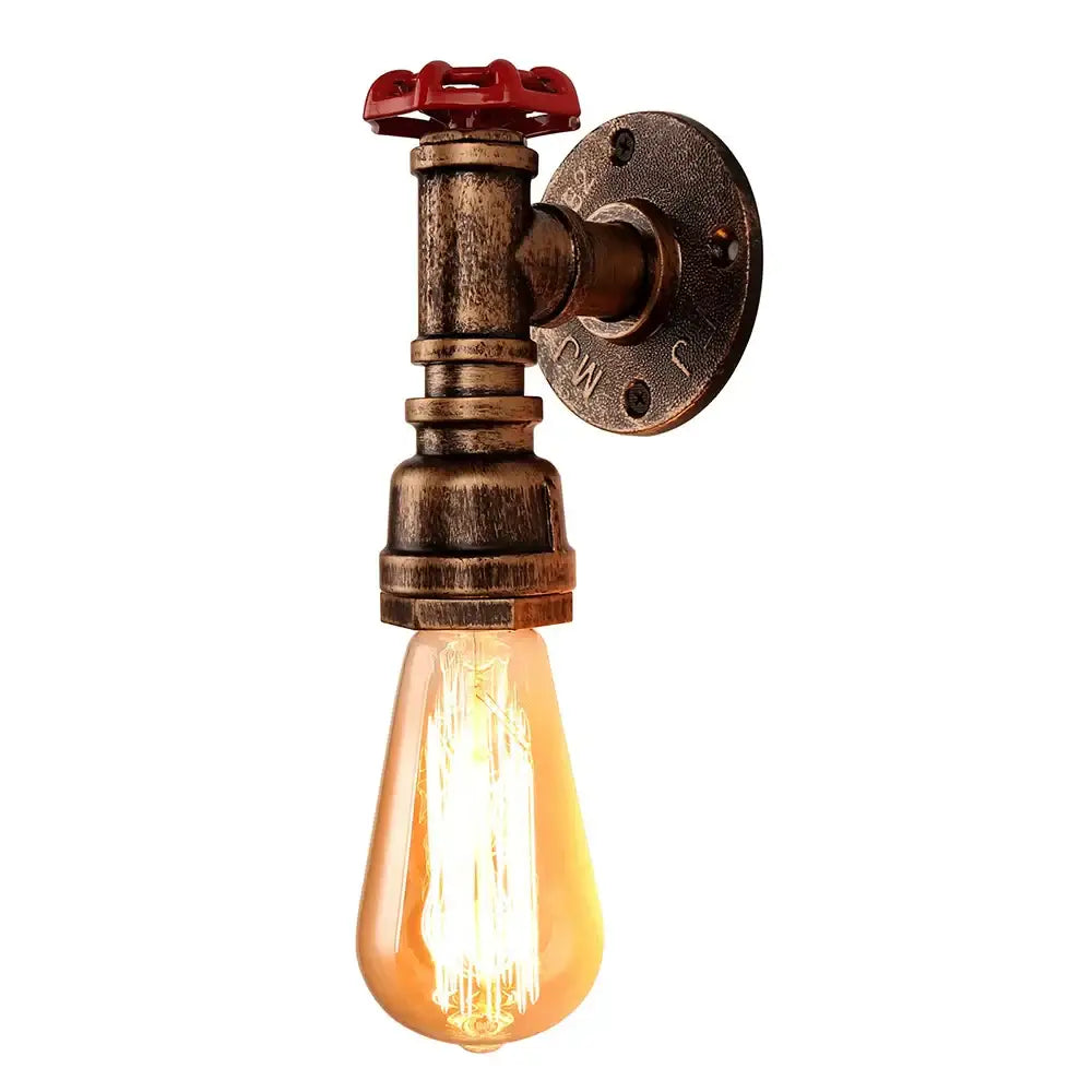 Industrial bronze and black wall lamp with brass-finished industrial water pipe and red valve handle for bedroom sconce