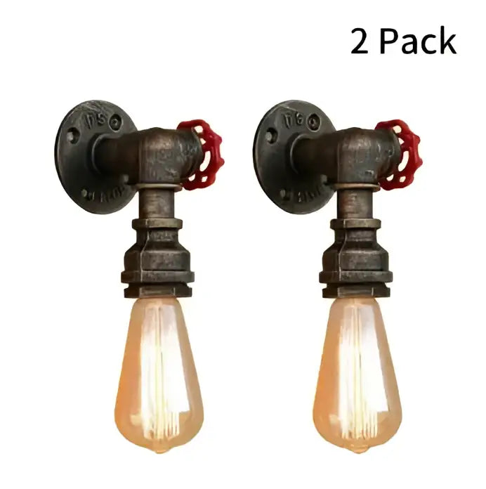 Industrial bronze and black water pipe wall lamp with dark metal piping and red valve handles for bedroom sconce use