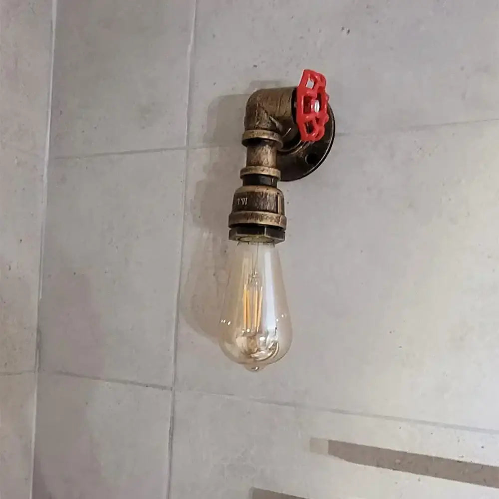 Industrial bronze and black wall lamp with industrial water pipe design brass pipe and red valve handle clear bulb