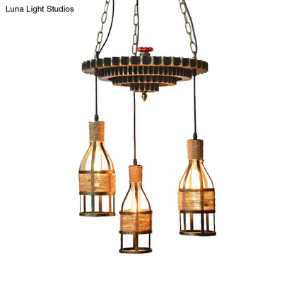 Industrial Bronze Bottle Chandelier - 3-Light Rope and Metal Hanging Pendant Light Fixture for Dining Room with Gear