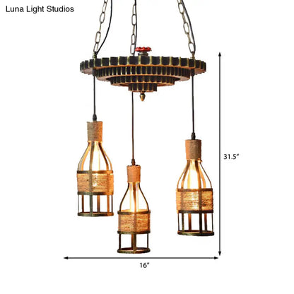 Industrial Bronze Bottle Chandelier - 3-Light Rope and Metal Hanging Pendant Light Fixture for Dining Room with Gear