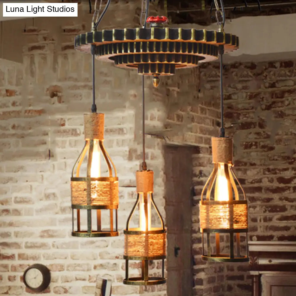 Industrial Bronze Bottle Chandelier - 3-Light Rope and Metal Hanging Pendant Light Fixture for Dining Room with Gear