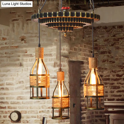 Industrial Bronze Bottle Chandelier - 3-Light Rope and Metal Hanging Pendant Light Fixture for Dining Room with Gear
