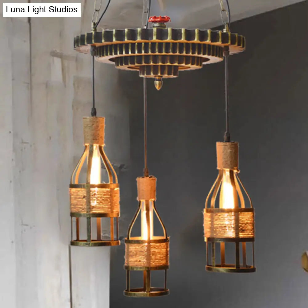 Industrial Bronze Bottle Chandelier - 3-Light Rope and Metal Hanging Pendant Light Fixture for Dining Room with Gear