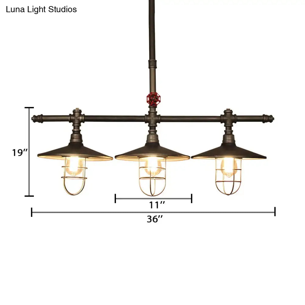 Decorbites metal 3-light linear pendant with coastal caged design featuring dark bronze pipe and valve accents