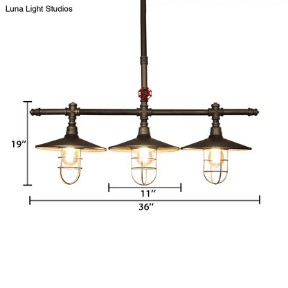 Decorbites metal 3-light linear pendant with coastal caged design featuring dark bronze pipe and valve accents