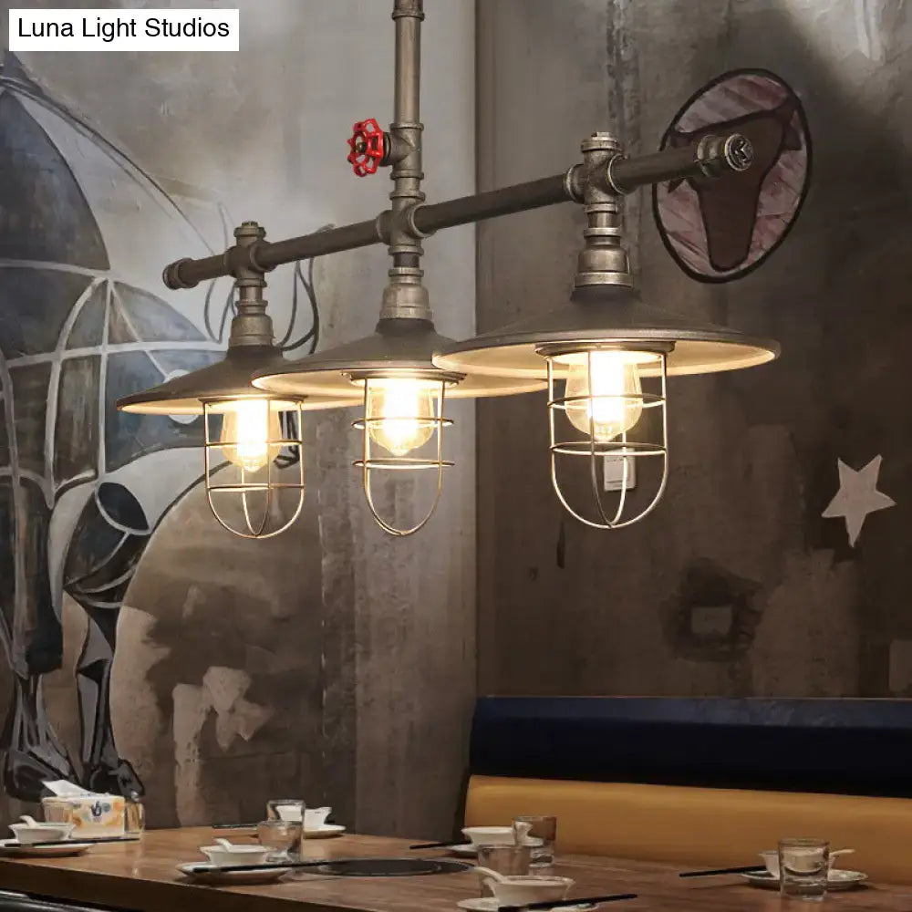 DecorBites metal 3-light linear pendant with matte black pipe frame red valve and coastal caged island design