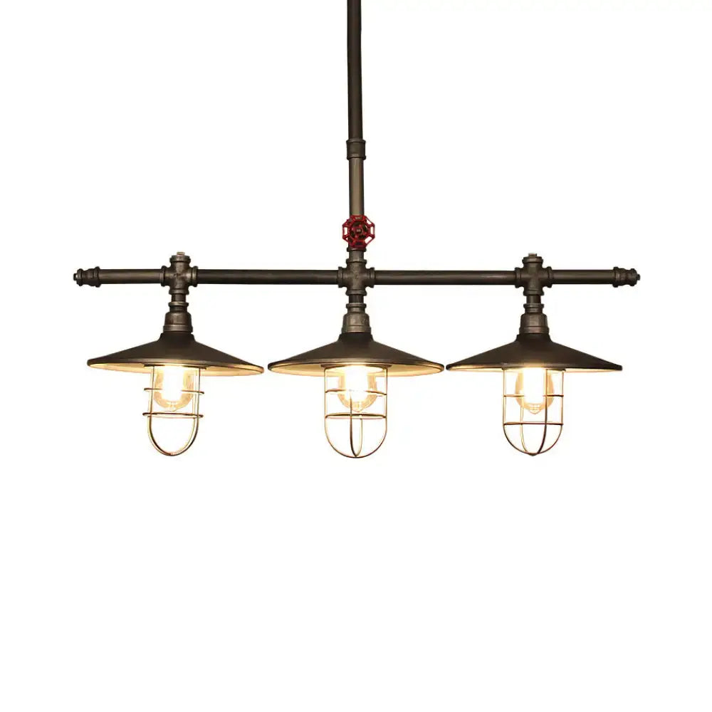 DecorBites metal 3-light linear pendant with coastal caged design and dark bronze pipe accents for island lighting