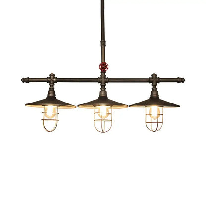 DecorBites metal 3-light linear pendant with coastal caged design and dark bronze pipe accents for island lighting
