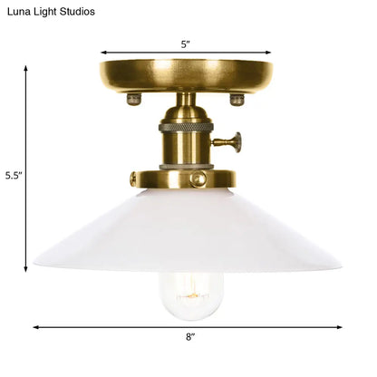 Industrial Bronze Cone/Saucer Semi Flush Mount Light with White/Clear Glass - 1 Light Living Room Ceiling Fixture