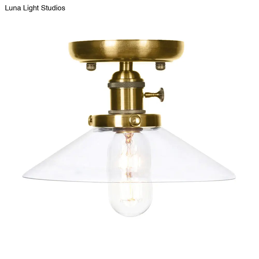 Industrial Bronze Cone/Saucer Semi Flush Mount Light with White/Clear Glass - 1 Light Living Room Ceiling Fixture