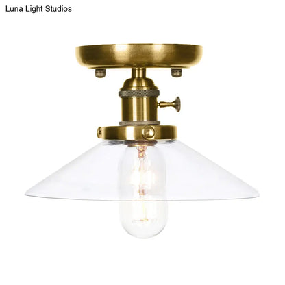 Industrial Bronze Cone/Saucer Semi Flush Mount Light with White/Clear Glass - 1 Light Living Room Ceiling Fixture