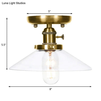 Industrial Bronze Cone/Saucer Semi Flush Mount Light with White/Clear Glass - 1 Light Living Room Ceiling Fixture